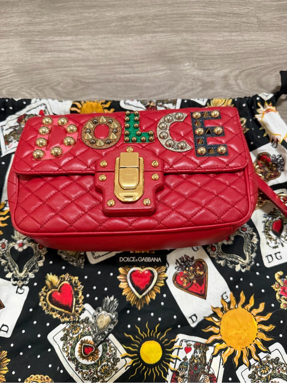 Dolce & Gabbana Red Quilted Leather Crossbody with Jeweled 'DOLCE' Detail